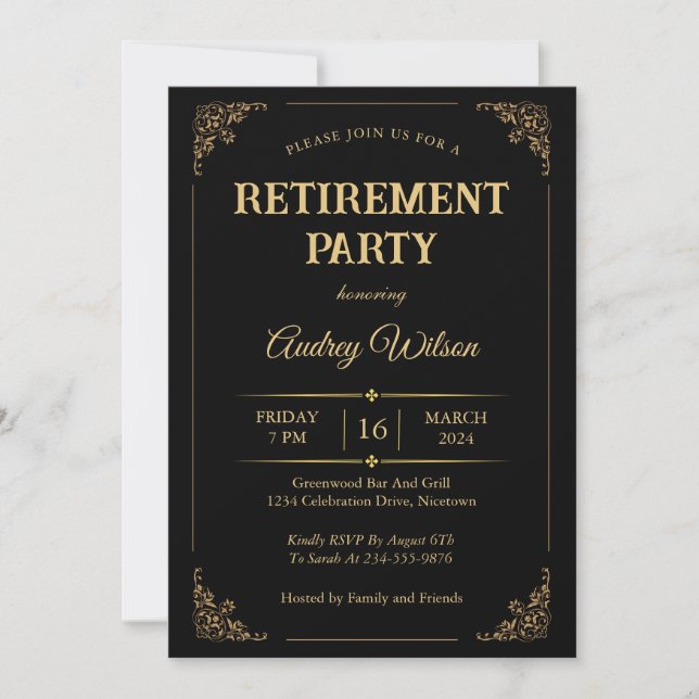 Retirement Party Invitations Elegant Black Gold (Front)