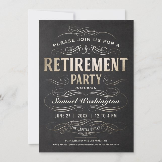 Retirement Party Invitations Gold Foil Scrollwork (Front)