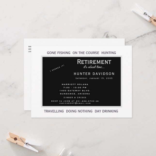 Retirement Party "It's About Time" Black & White Invitation (Front/Back In Situ)