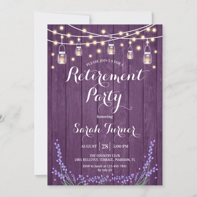 Retirement Party -  Lavender Rustic Purple Wood Invitation (Front)