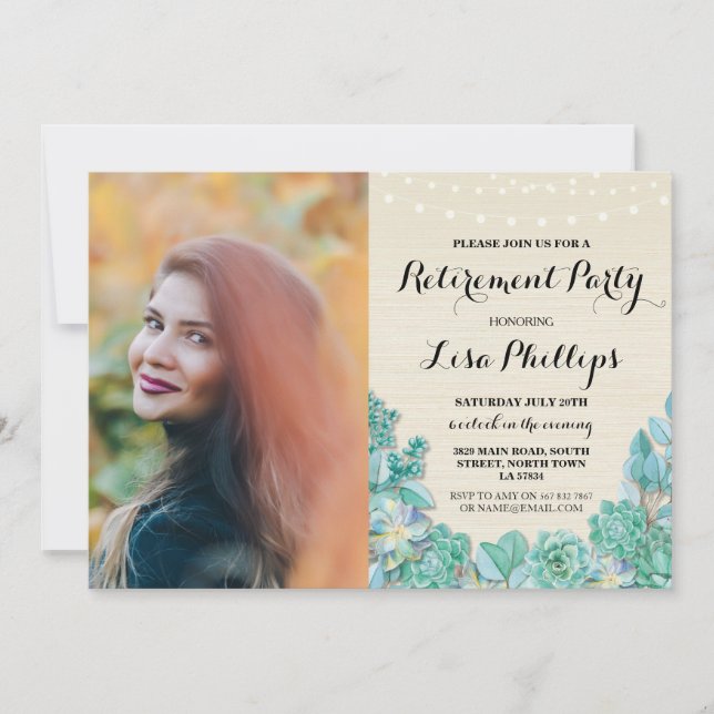 Retirement Party Mint Floral Succulents Photo Invitation (Front)