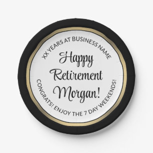 Retirement Party Modern Black, White & Gold Round Paper Plate