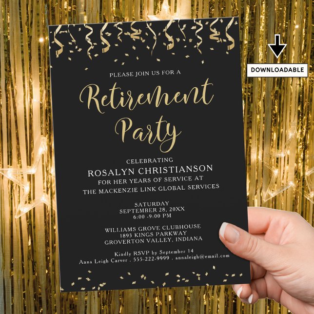 Retirement Party Modern Gold Confetti Streamers  Invitation (Creator Uploaded)