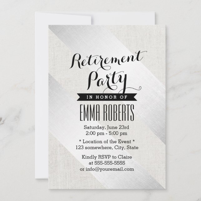 Retirement Party Modern Silver Stripes Faux Linen Invitation (Front)