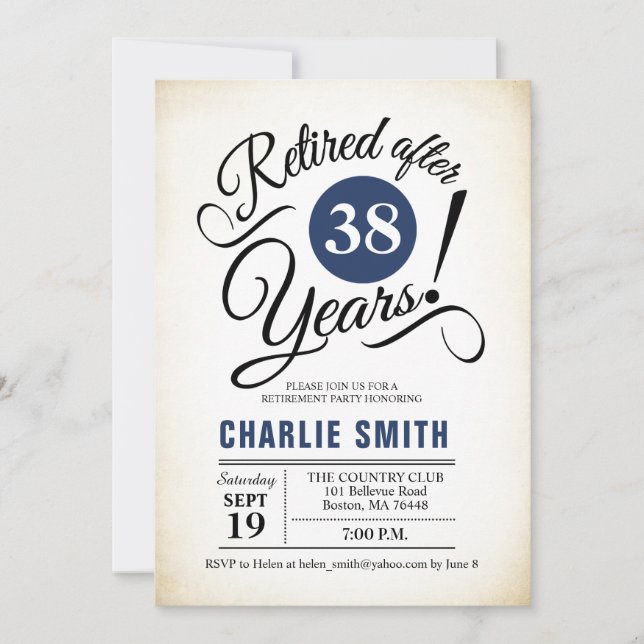 Retirement Party - Navy Blue Black White Invitation (Front)