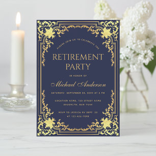 Retirement Party Navy Blue Elegant Faux Gold Foil  Invitation