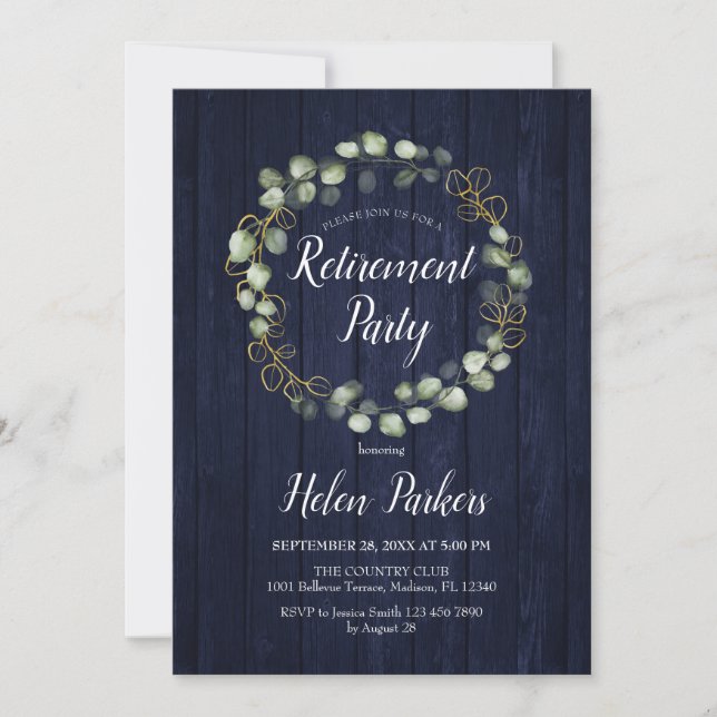 Retirement Party - Navy Blue Eucalyptus Wreath Invitation (Front)