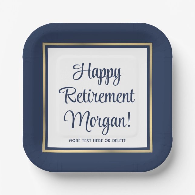 Retirement Party Navy Blue, White & Gold Square Paper Plate (Front)