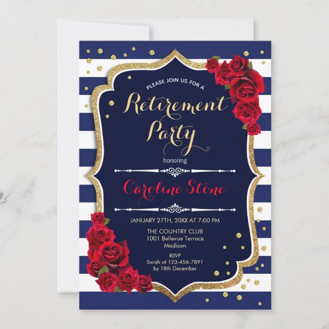 Retirement Party - Navy Blue White Stripes Roses Invitation (Front)