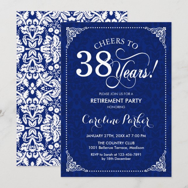 Retirement Party - Navy White Damask Invitation (Front/Back)