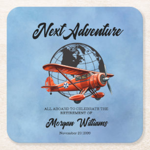 Retirement Party Next Adventure Travel Plane  Square Paper Coaster