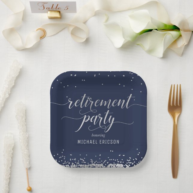Retirement Party Paper Plate Elegant Silver, Navy (Wedding)