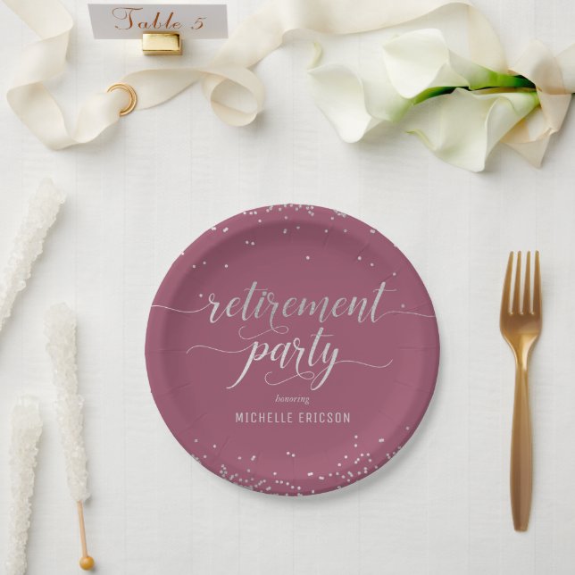 Retirement Party Paper Plate Elegant Silver, Pink (Wedding)