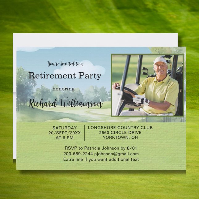 Retirement Party Photo Watercolor Golf Theme Invit Invitation (Creator Uploaded)