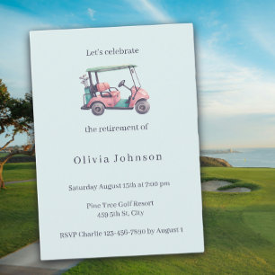 Retirement Party Pink Golf Cart Watercolor Invitation