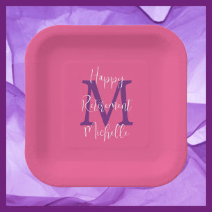 Retirement Party Pink Purple White Name Monogram Paper Plate