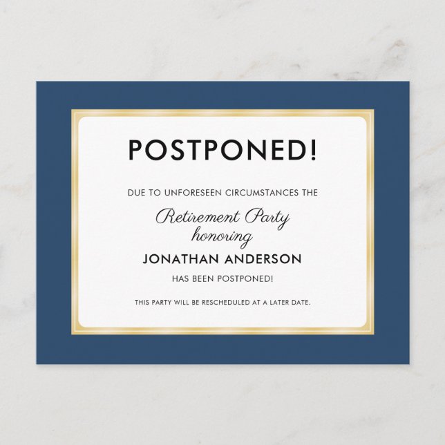 Retirement Party Postponed Postcard (Front)