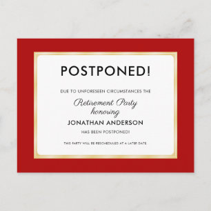 Retirement Party Postponed Red and Gold Postcard