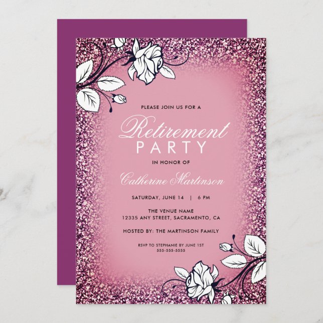 Retirement Party Purple Glitter White Roses Invitation (Front/Back)