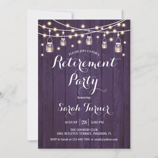 Retirement Party - Purple Rustic Wood Invitation (Front)
