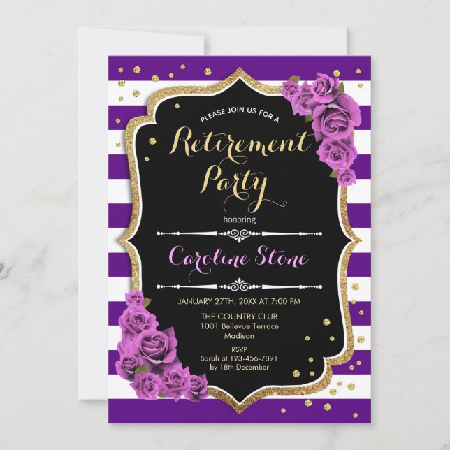 Retirement Party - Purple White Stripes Invitation (Front)