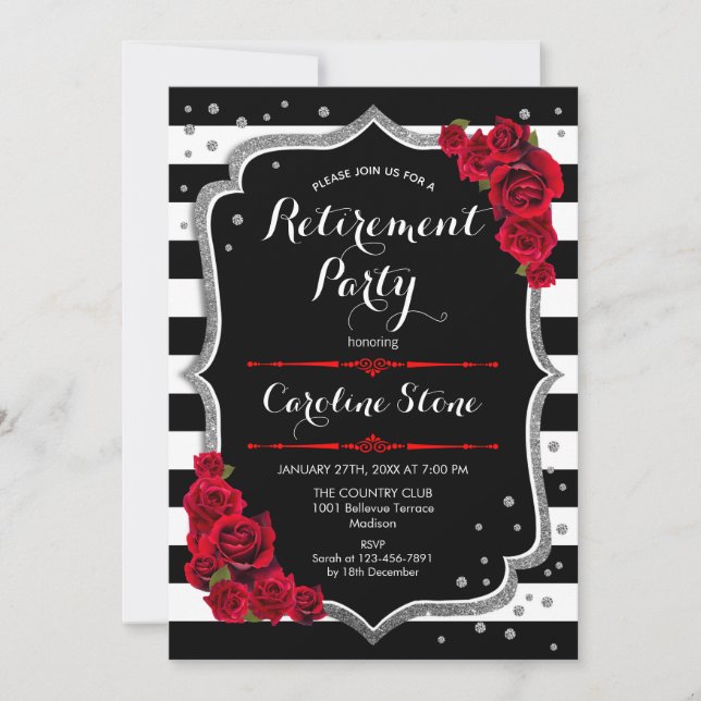 Retirement Party -  Red Black White Stripes Invitation (Front)