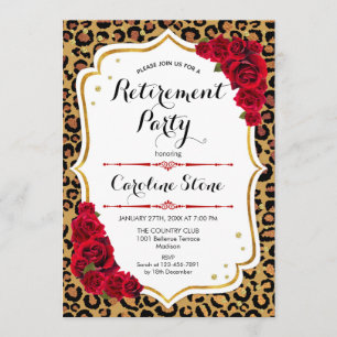 Retirement Party - Red Gold Leopard Print Invitation