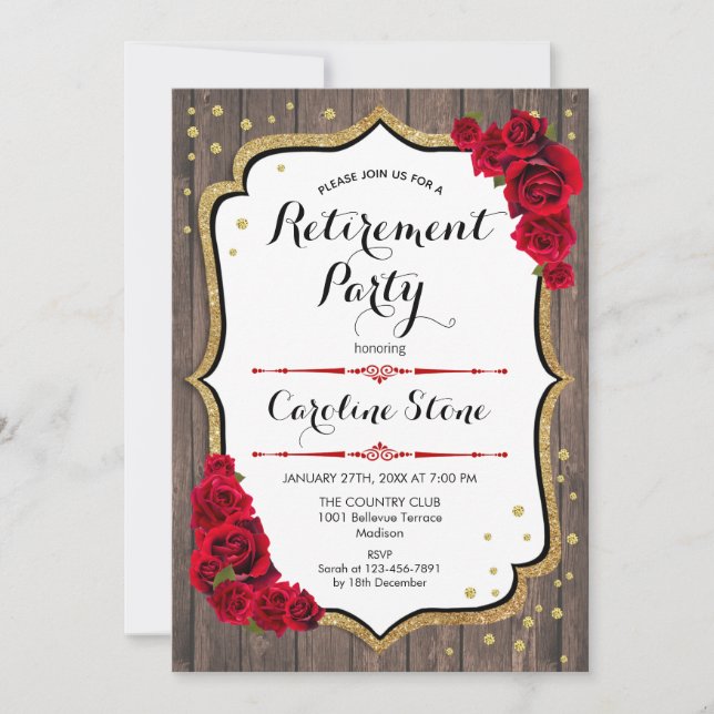 Retirement Party - Red Roses Wood Invitation (Front)