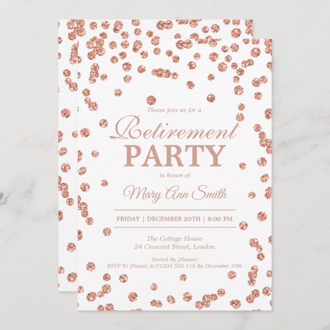 Retirement Party Rose Gold Glitter Confetti Invitation (Front/Back)