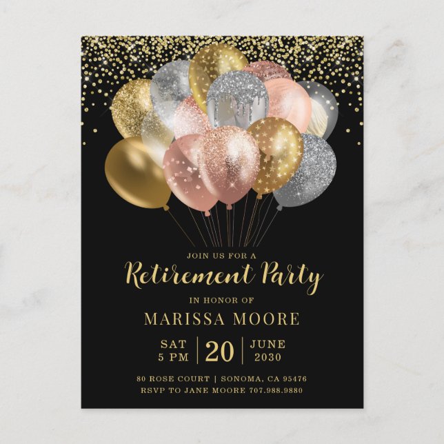 Retirement Party Rose Gold Silver Black  Announcement Postcard (Front)
