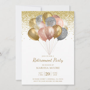 Retirement Party Rose Gold Silver Gold Balloons Invitation