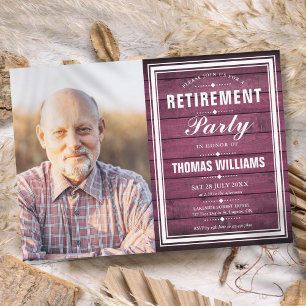 Retirement Party Rustic Burgundy Wood Photo Invitation