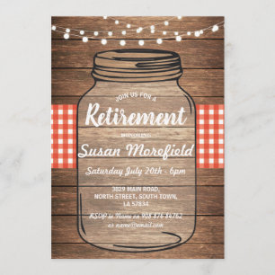 Retirement Party Rustic Jar Wood Red Gingham Invitation