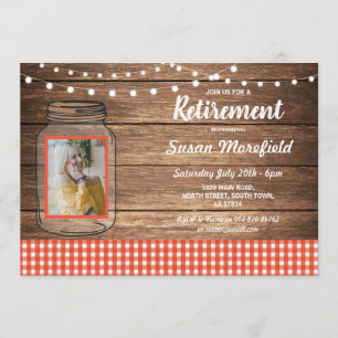 Retirement Party Rustic Jar Wood Red Gingham Photo Invitation