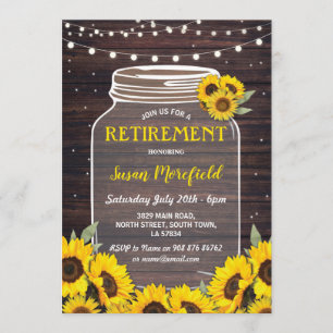 Retirement Party Rustic Jar Wood Sunflower Invite