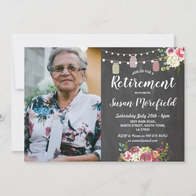 Retirement Party Rustic Jars Chalk Floral Photo Invitation (Front)