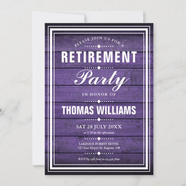Retirement Party Rustic Purple Wood Panels Invitation (Front)