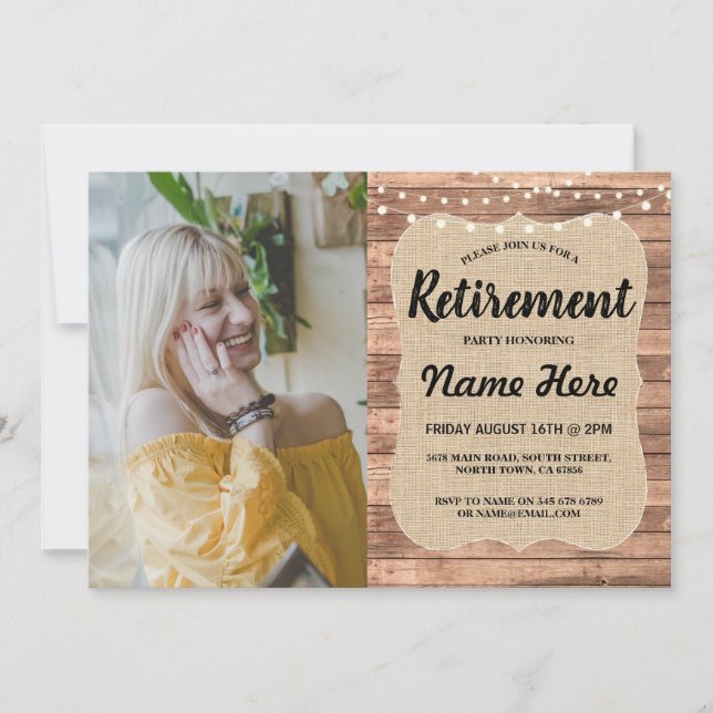 Retirement Party Rustic Retired Wood Burlap Photo Invitation (Front)