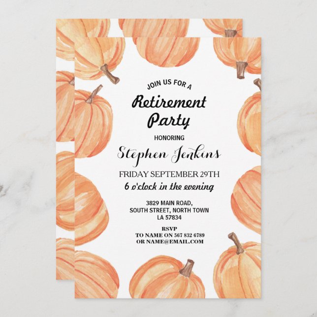 Retirement Party Rustic Watercolor Pumpkin Fall Invitation (Front/Back)