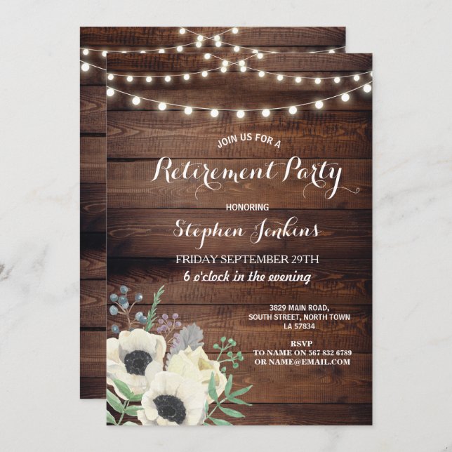 Retirement Party Rustic Wood Anemone Floral Invitation (Front/Back)