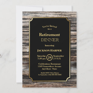 Retirement Party Rustic Wood Gold Border Dinner Invitation