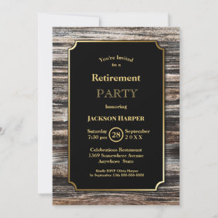 Retirement Party Rustic Wood Gold Border Invitation