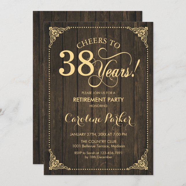 Retirement Party - Rustic Wood Gold Invitation (Front/Back)