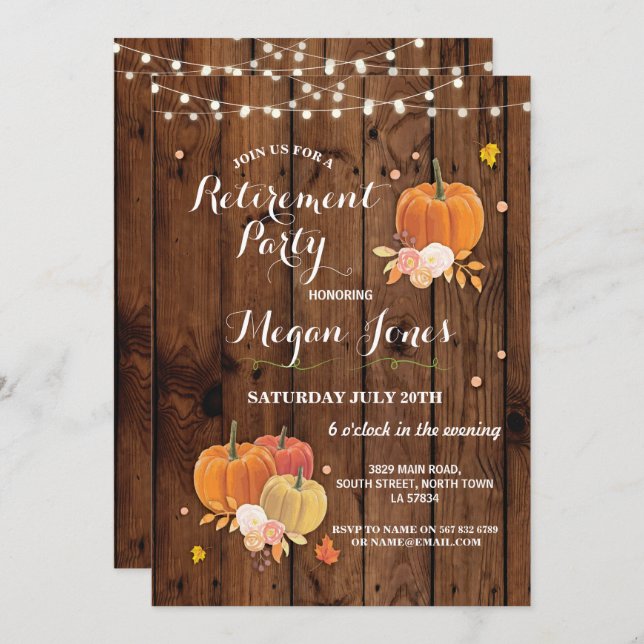 Retirement Party Rustic Wood Pumpkin Invite Lights (Front/Back)