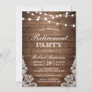 Retirement Party Rustic Wood String Lights Lace Invitation