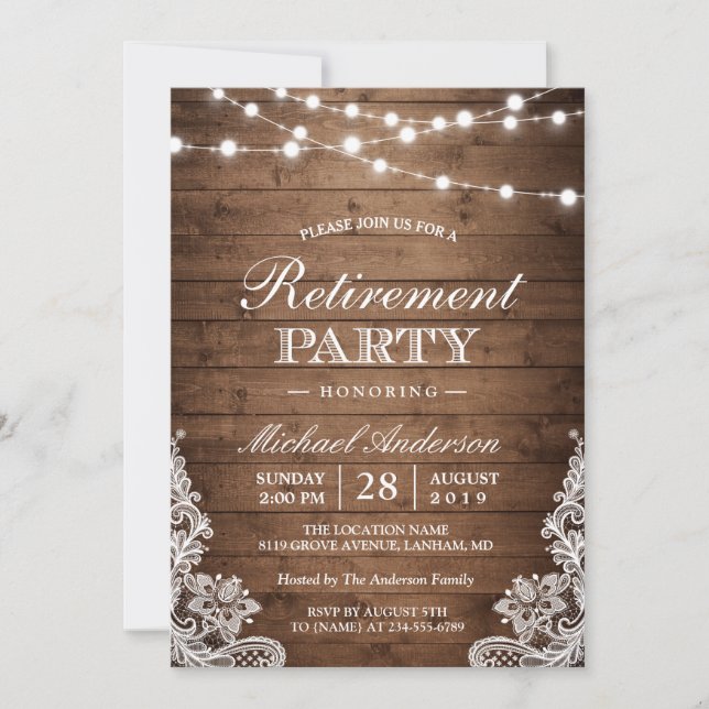 Retirement Party | Rustic Wood String Lights Lace Invitation (Front)