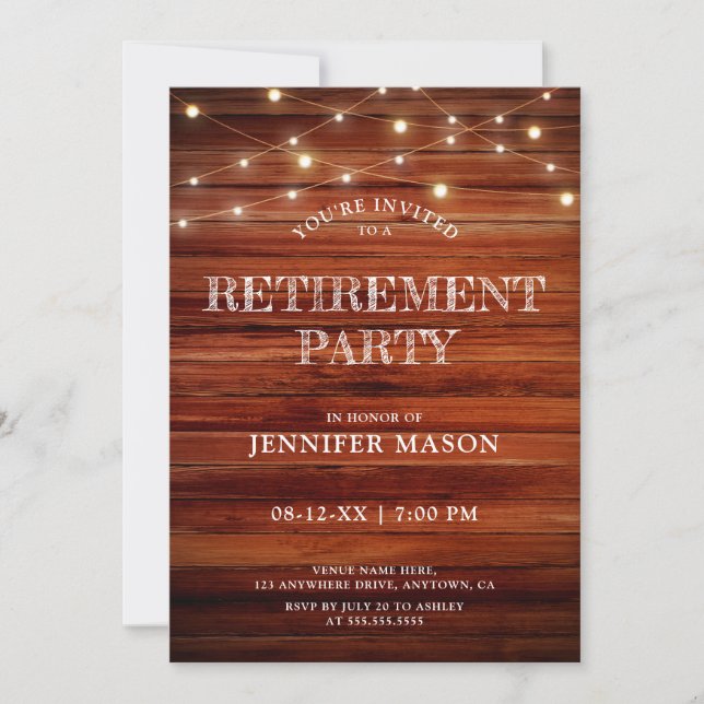 Retirement Party Rustic Wood String Lights Simple Invitation (Front)