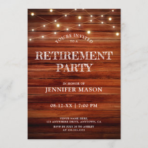 Retirement Party Rustic Wood String Lights Simple Invitation