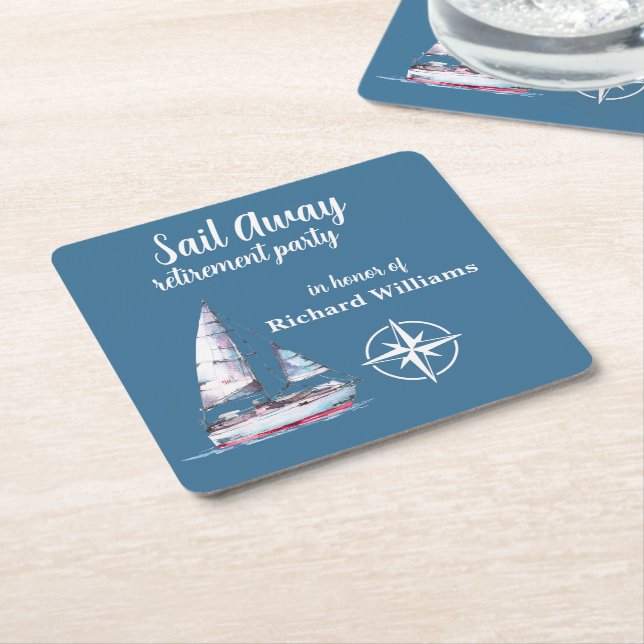 Retirement Party Sail Away Nautical Theme Square Paper Coaster (Angled)