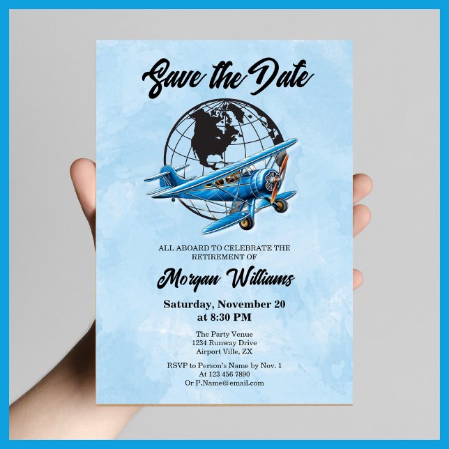 Retirement Party Save the Date Globe Travel Plane  Invitation (Creator Uploaded)